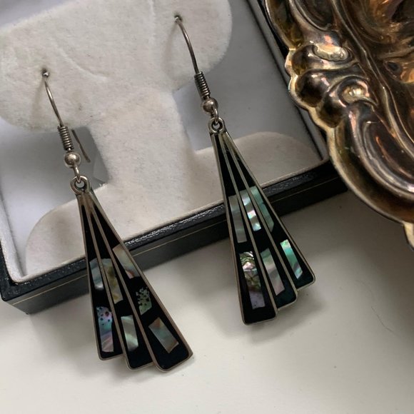 Vintage Mexico alpaca silver abalone fan earrings
